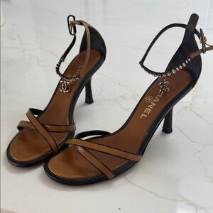 CHANEL Brown and Black Strappy Crystal-Ankle High Heels 39.5